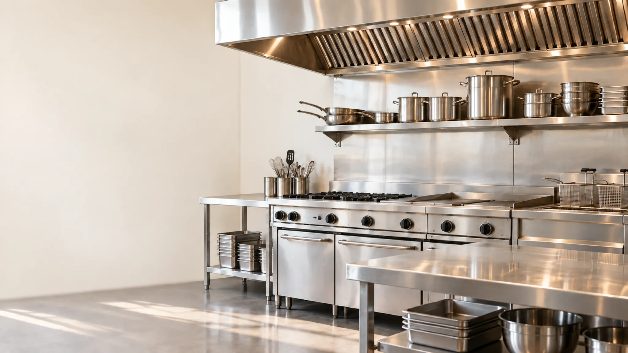 A bright, orderly commercial kitchen cook line in morning light under a stainless exhaust hood