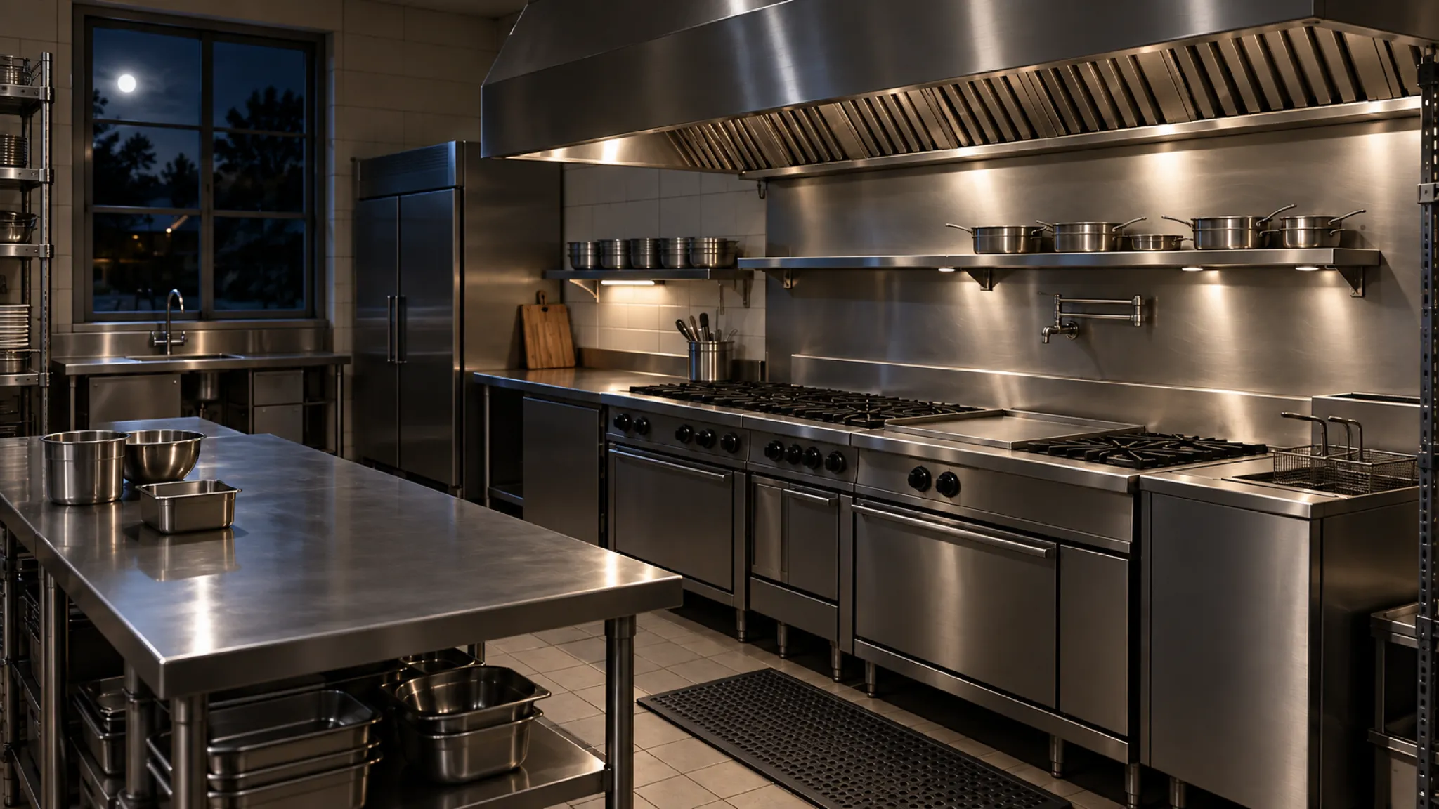 A quiet commercial kitchen at night under a stainless exhaust hood, lit only by low task lights