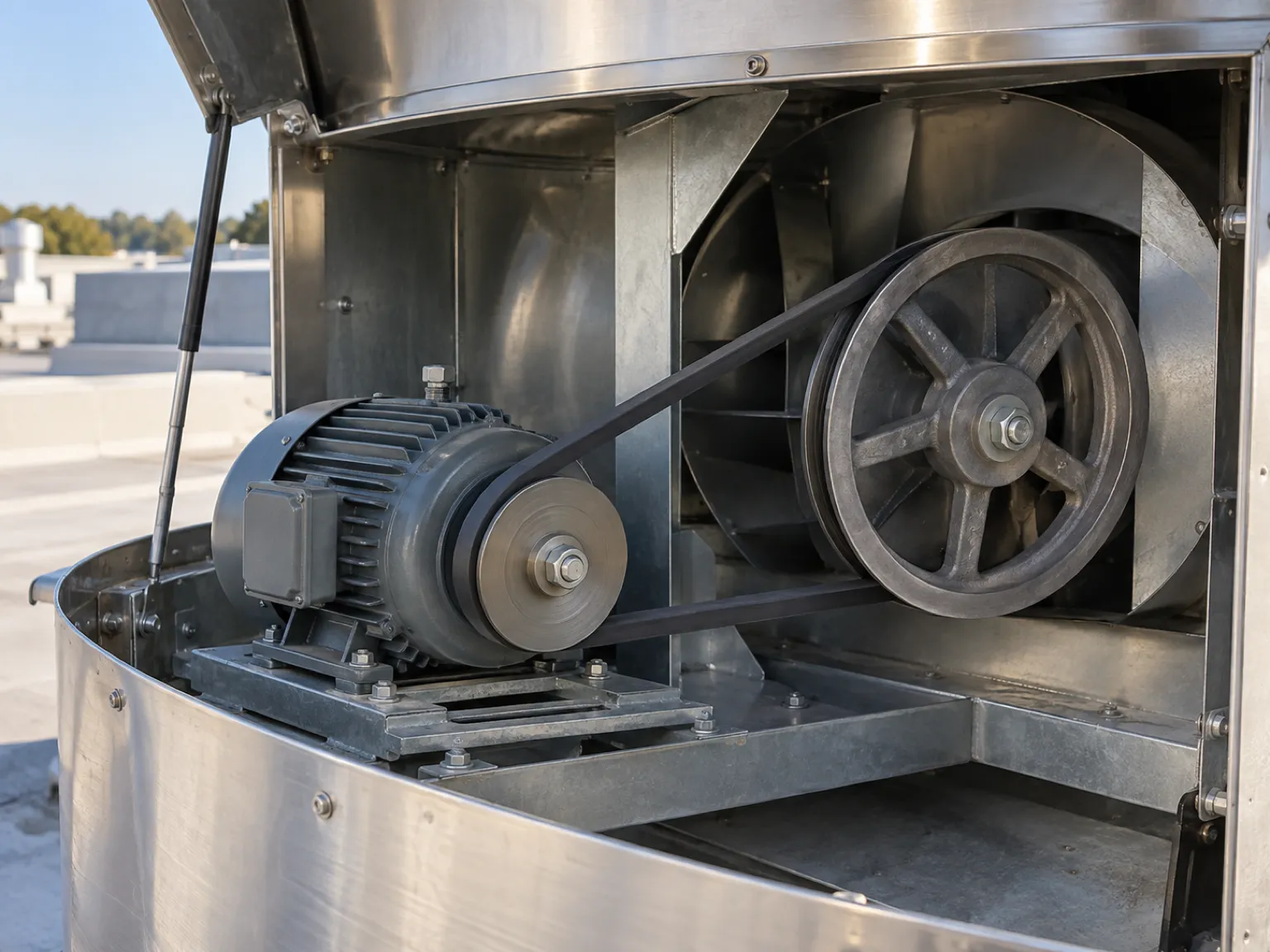 Inside an opened upblast exhaust fan: an electric motor driving the fan through a belt and two pulleys