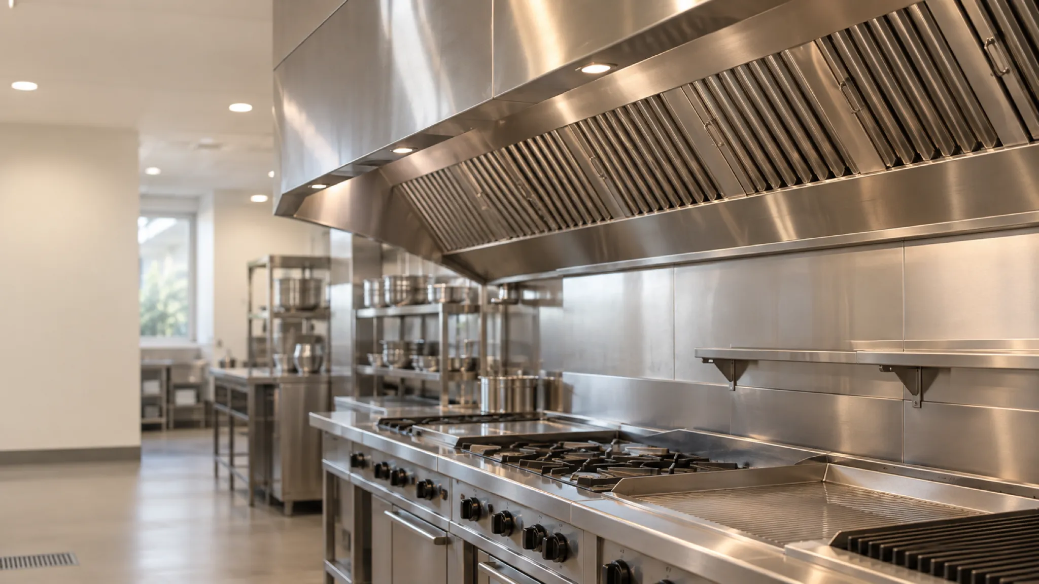 A long stainless steel exhaust hood with baffle filters running above an empty commercial cook line
