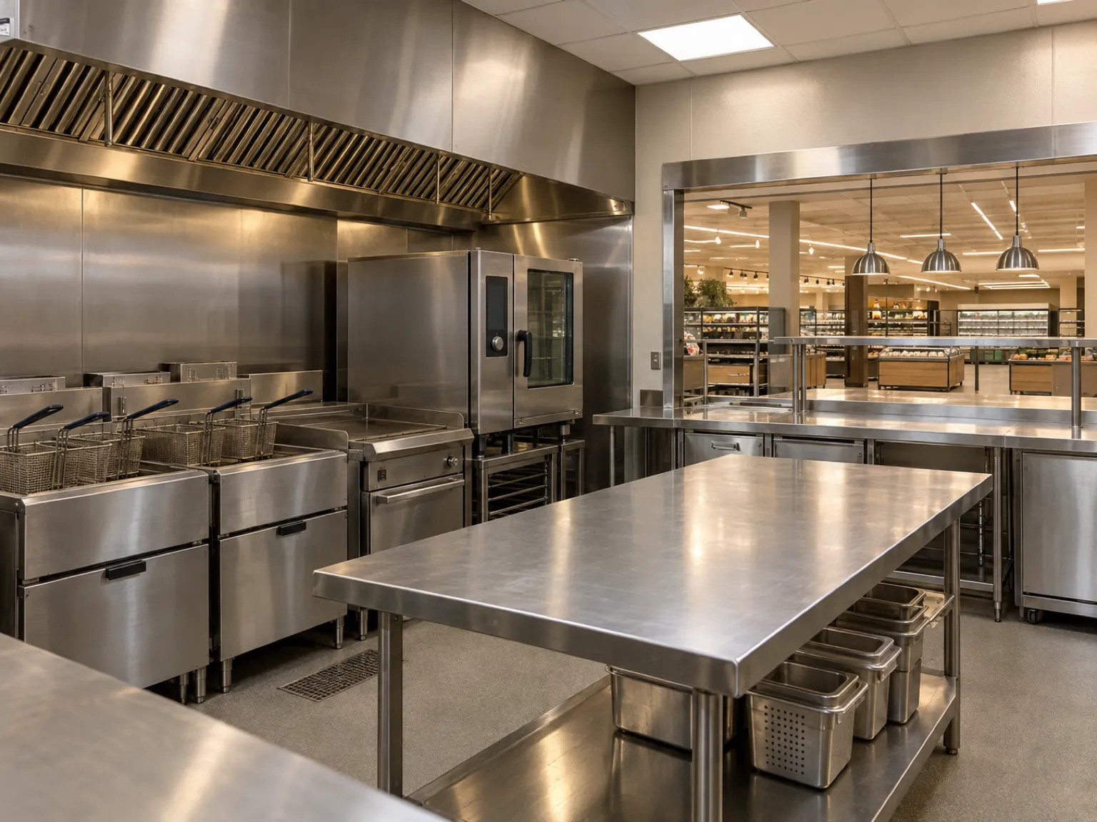 The back kitchen of a grocery deli: a stainless hood over fryers and a combi oven, with a pass-through to the store