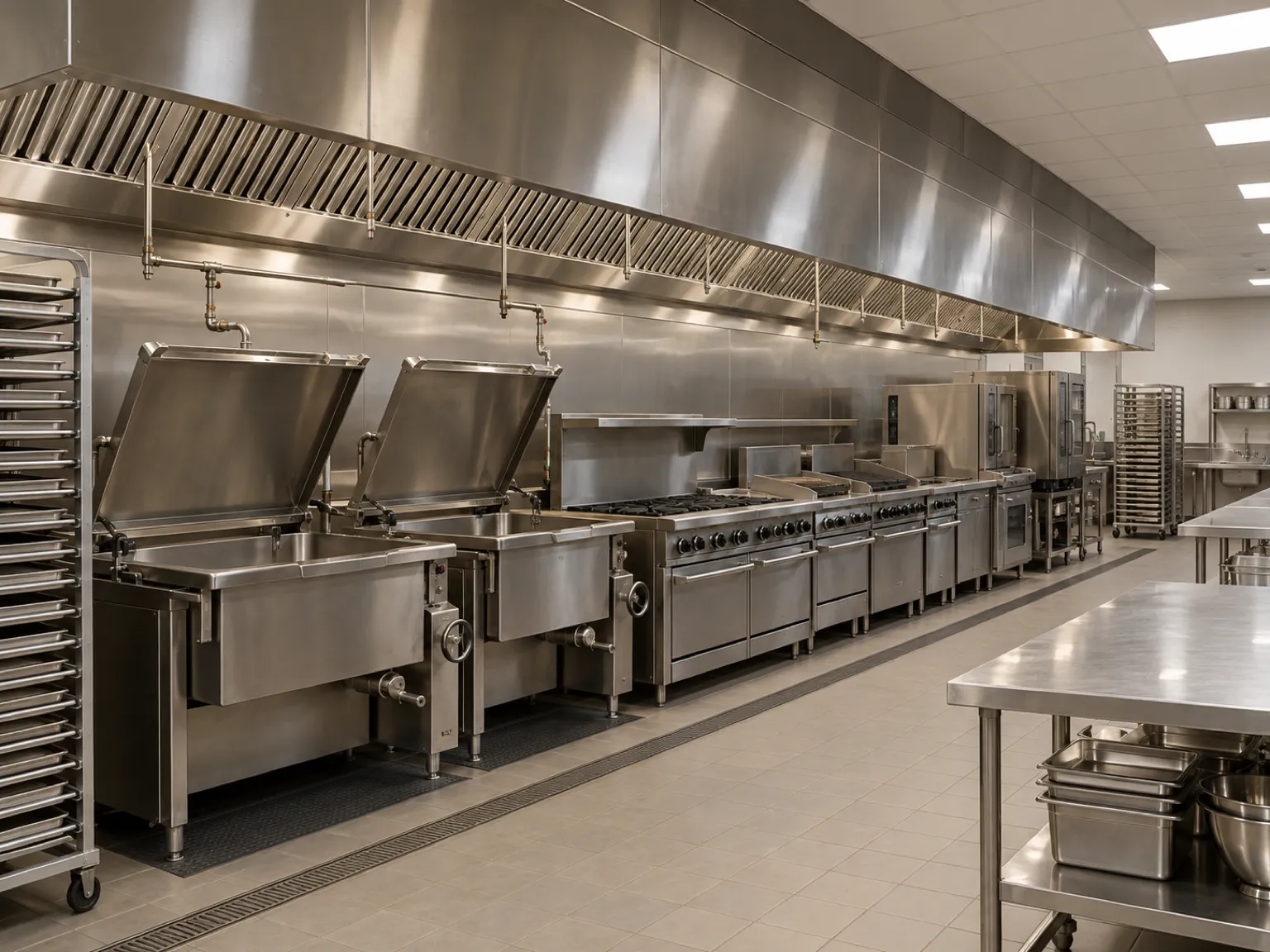 An empty hotel banquet kitchen with a long stainless exhaust hood over ranges and tilting skillets