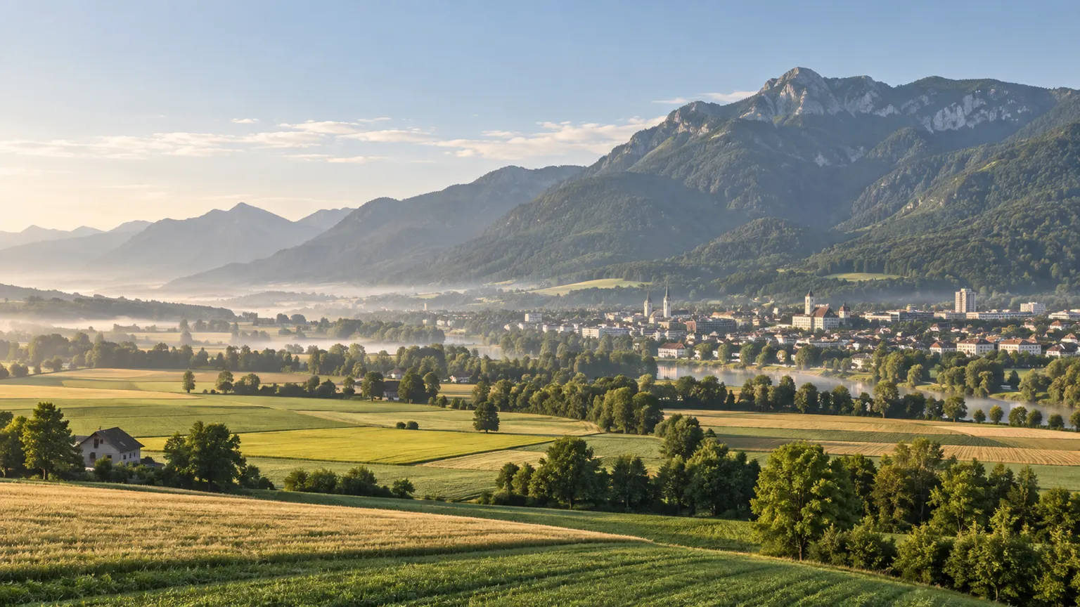 Green and gold valley farmland in morning light below a small city and a forested mountain range