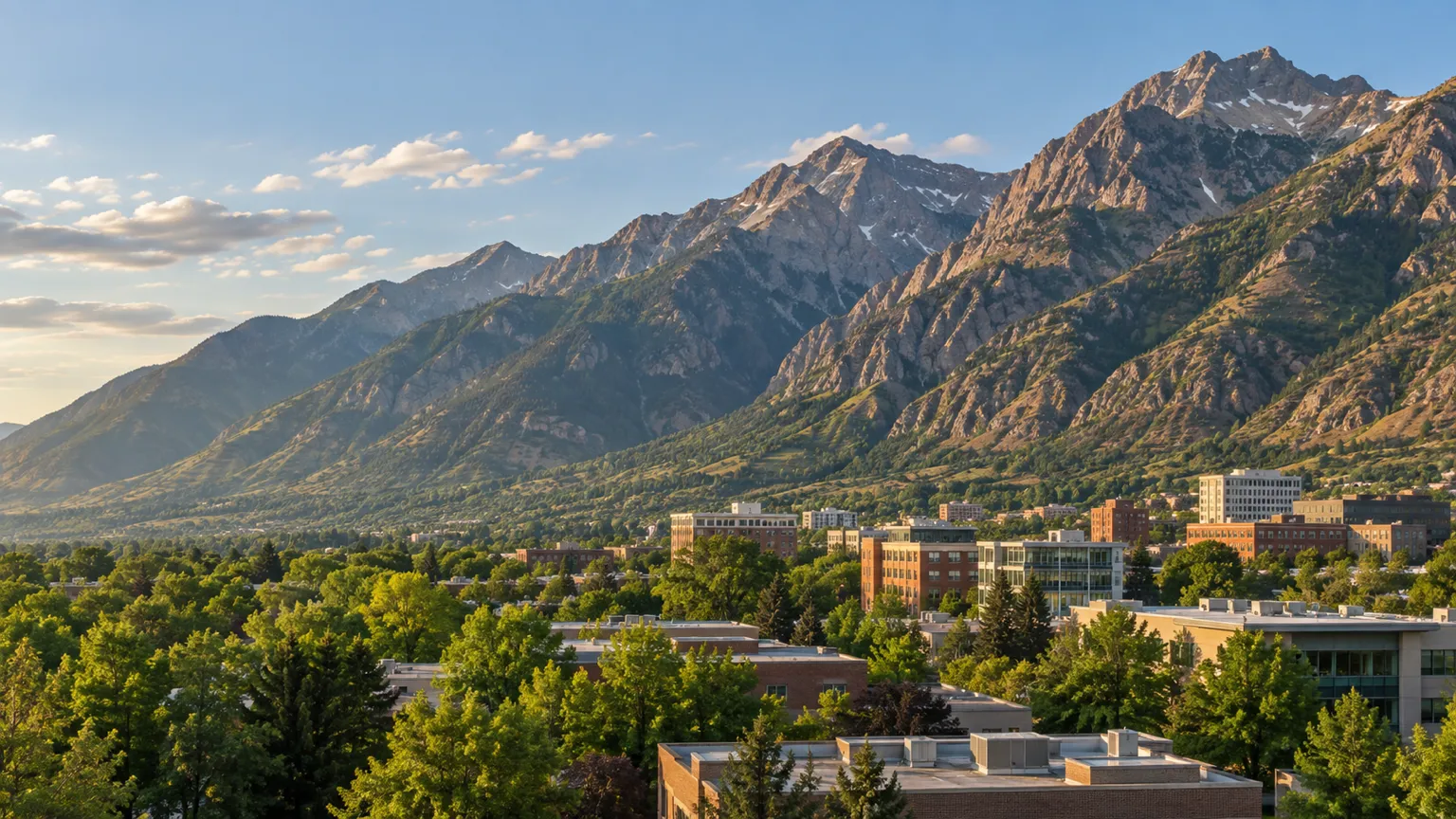 Steep, rugged peaks rising behind the rooftops and trees of a northern Utah city