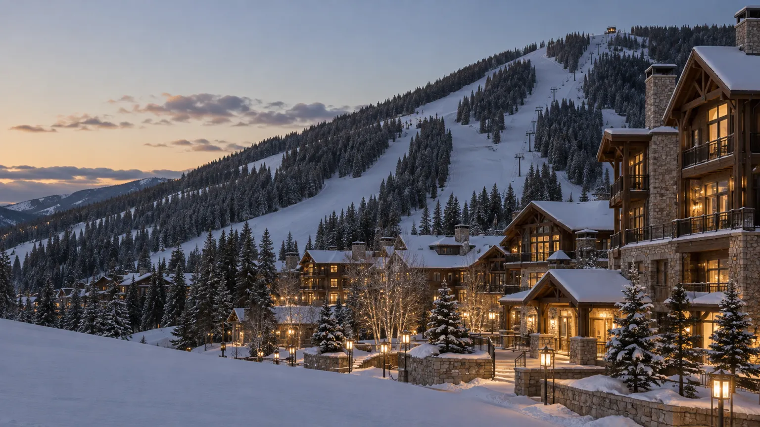 A snowy mountain resort village at blue hour below forested ski slopes