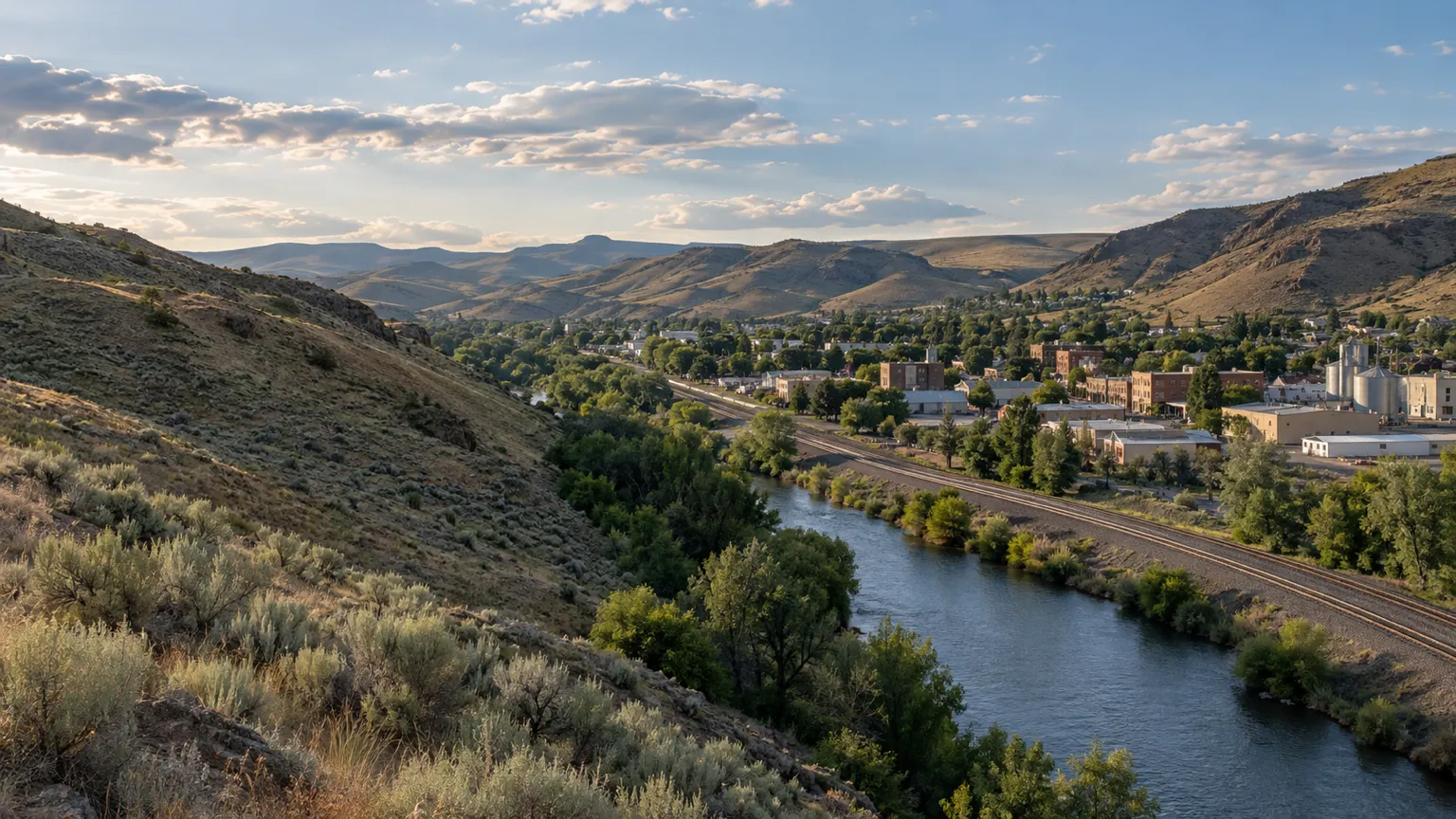A small city along a river and railway in a narrow valley between sage-covered hills