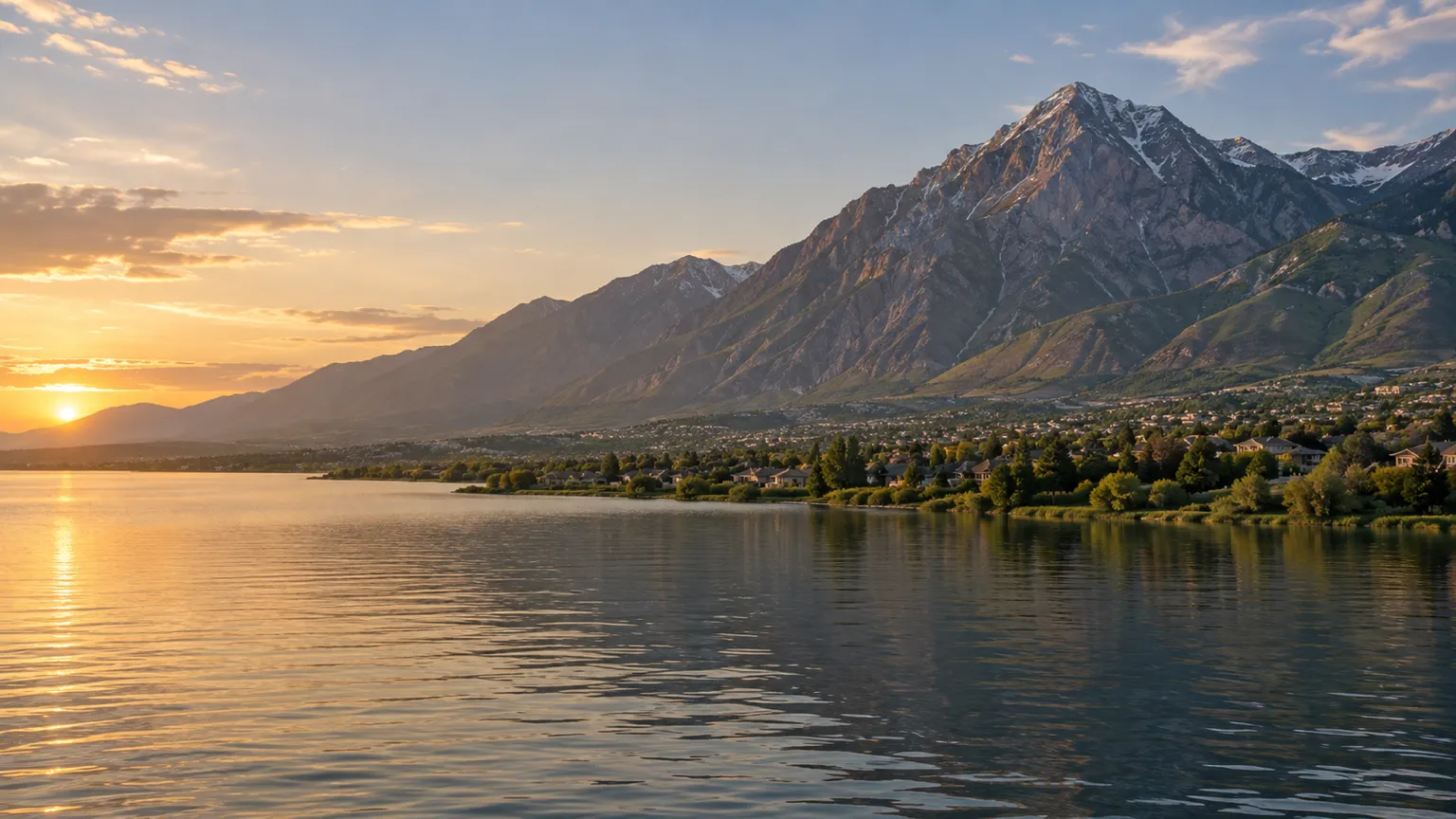 A calm lake at sunset with a massive mountain peak rising behind a wide valley