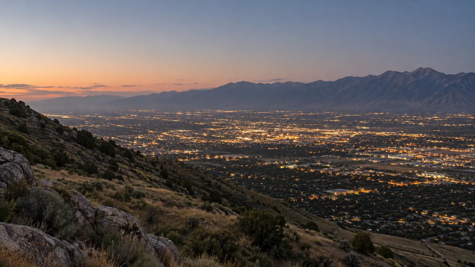 A wide valley of city lights at dusk seen from the foothills, mountains beyond