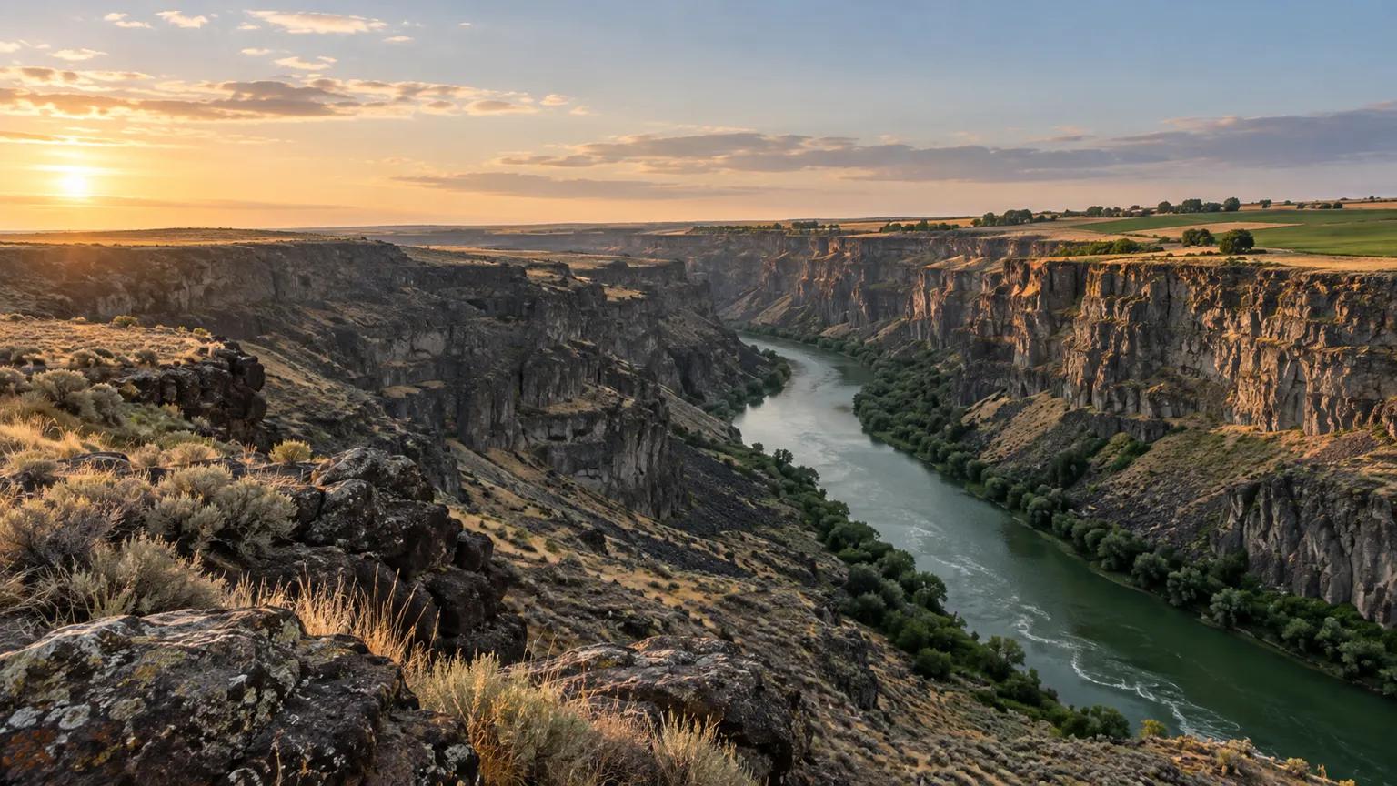 A deep basalt river canyon at golden hour with farmland running to the rim