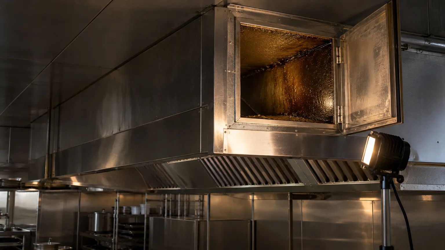 An open access door on stainless kitchen exhaust ductwork under a work light, a thin film of grease on the inner wall