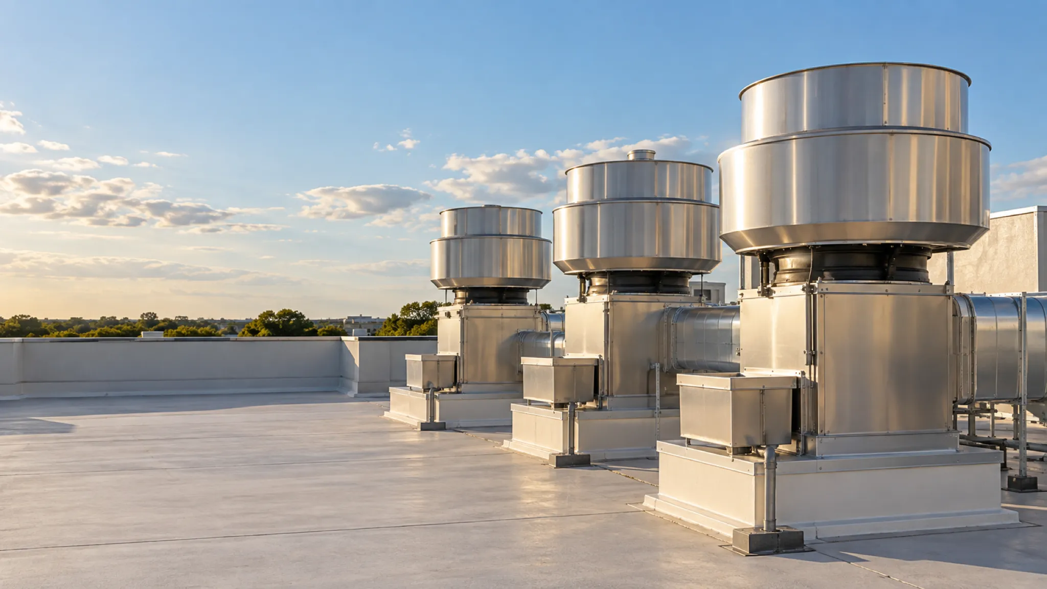 Several upblast kitchen exhaust fans on roof curbs across a flat commercial rooftop under a clear sky