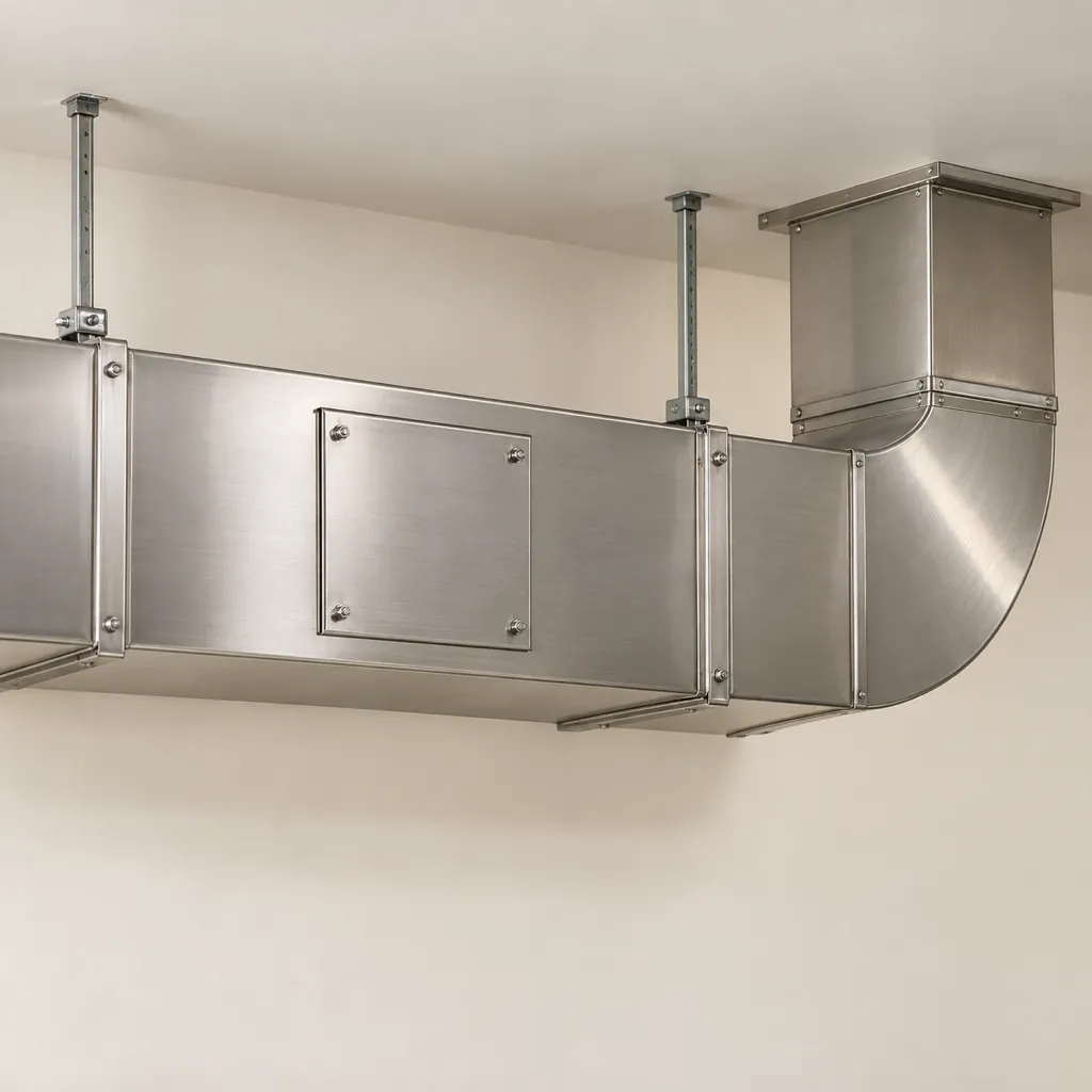 A run of rectangular stainless steel kitchen exhaust ductwork with a bolted access panel