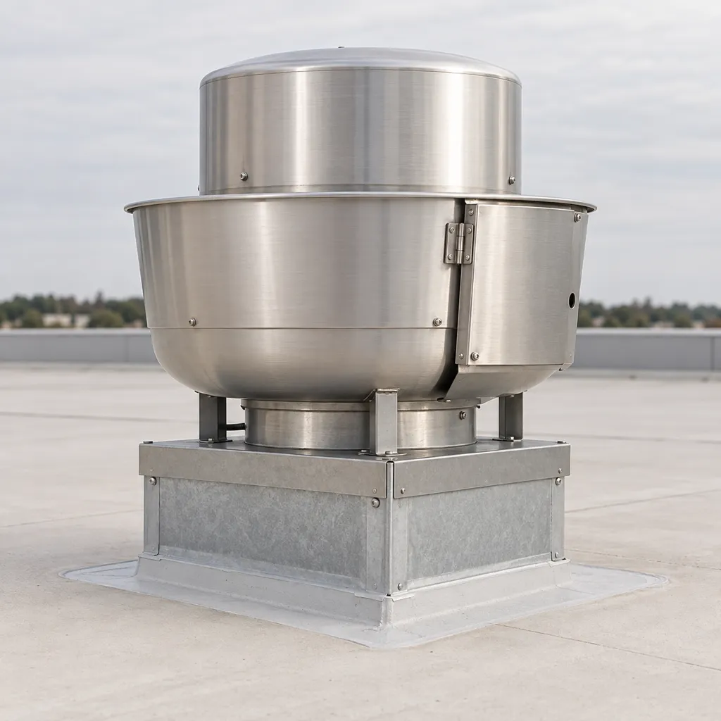 An upblast kitchen exhaust fan on a roof curb under an open sky
