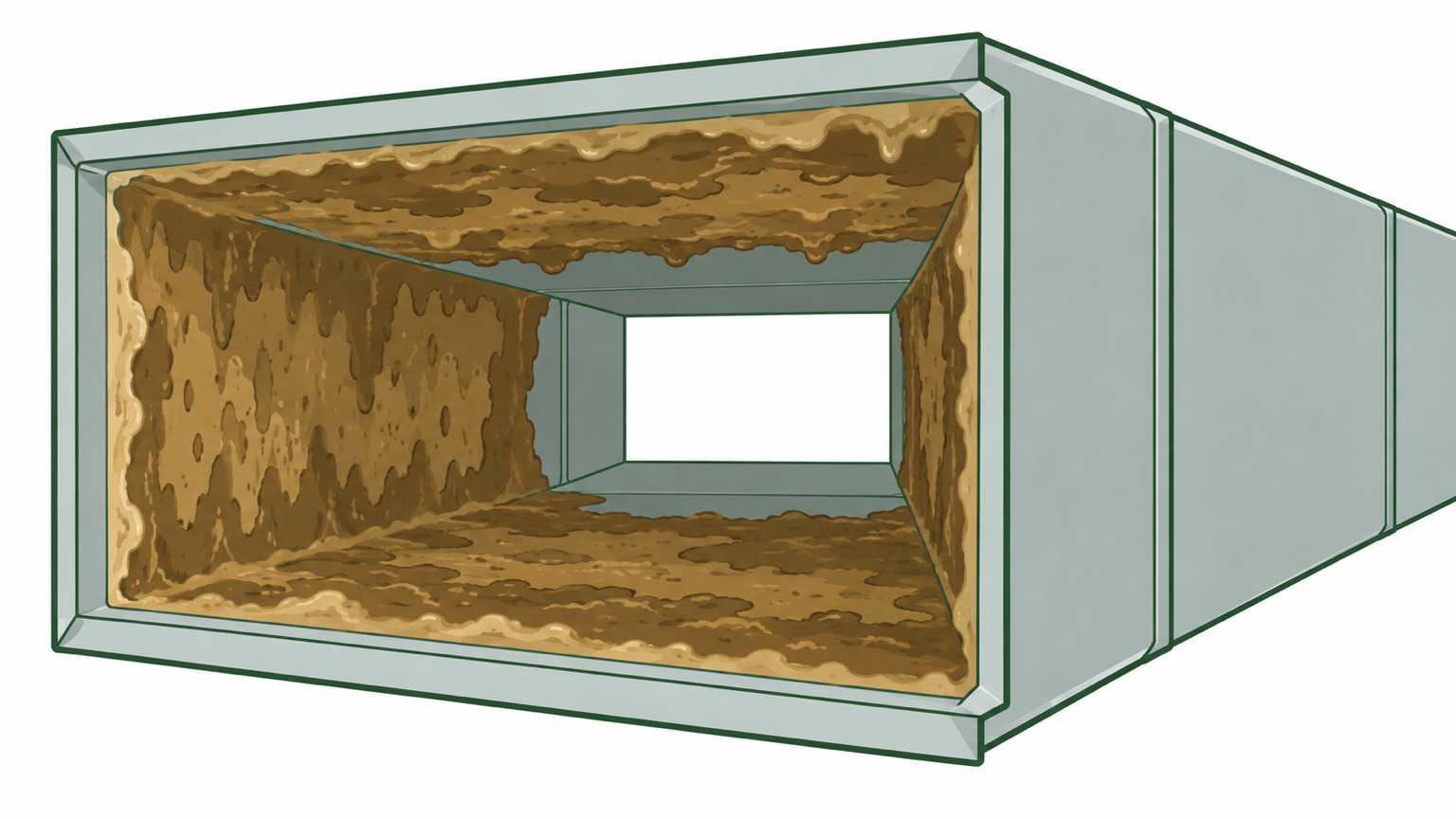 Illustrated cutaway of a kitchen exhaust duct with brown grease coating its inside walls